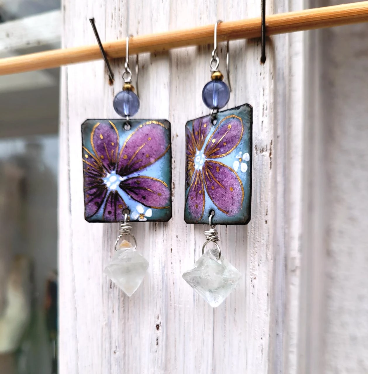 Natural earrings with handmade enamel flower charm, fluorite octahedron – photo 2